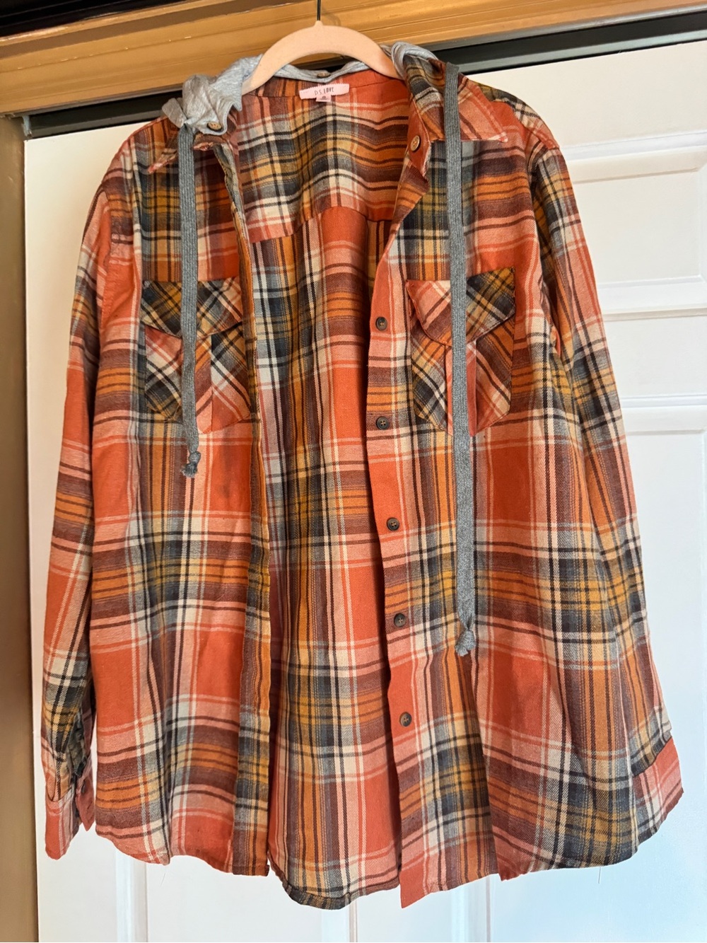 P.S. Love Orange Plaid Hooded Shacket.